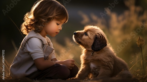 Curiosity gleams in a child's eyes as they share a quiet moment with their puppy,