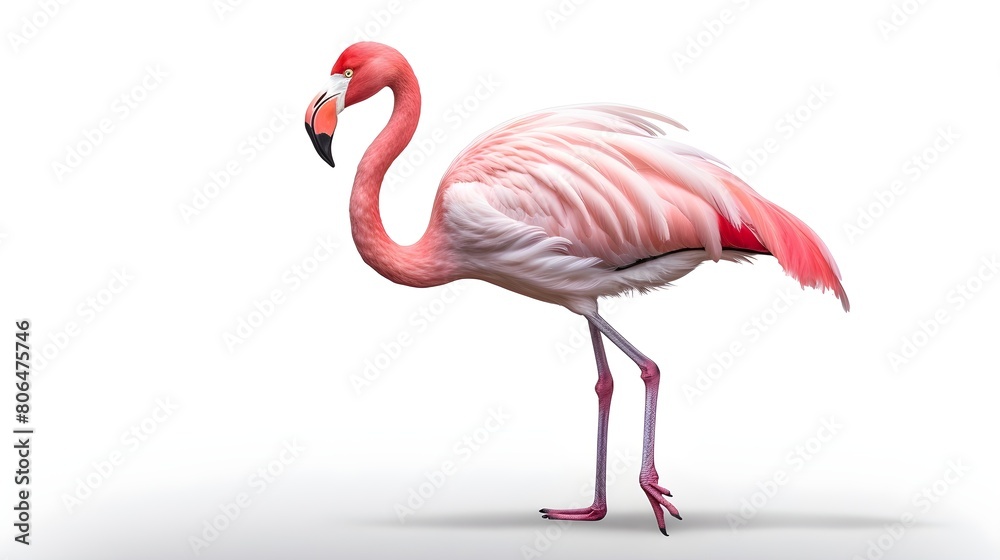 Fototapeta premium Elegant flamingo in a graceful pose, isolated on a white background,