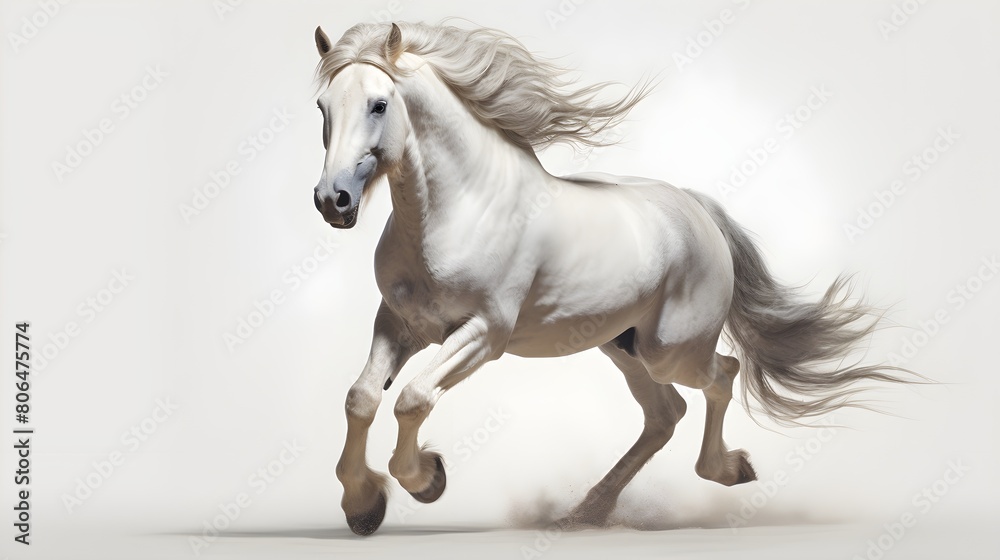 Elegant horse in mid-gallop, set against a pristine white backdrop