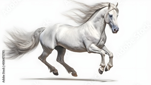 Elegant horse in mid-gallop  set against a pristine white backdrop