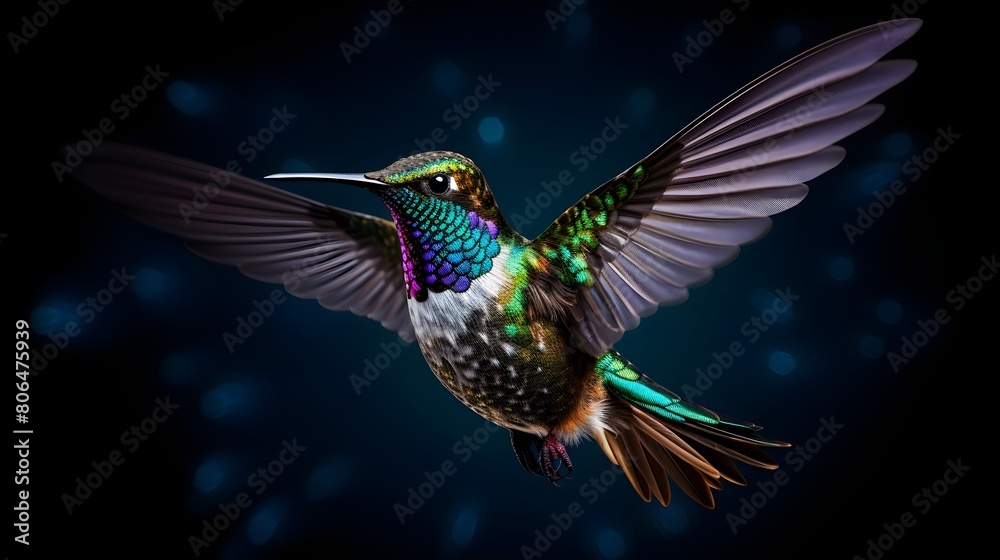 Obraz premium Enchanting hummingbird hovering mid-air, its iridescent feathers and tiny features