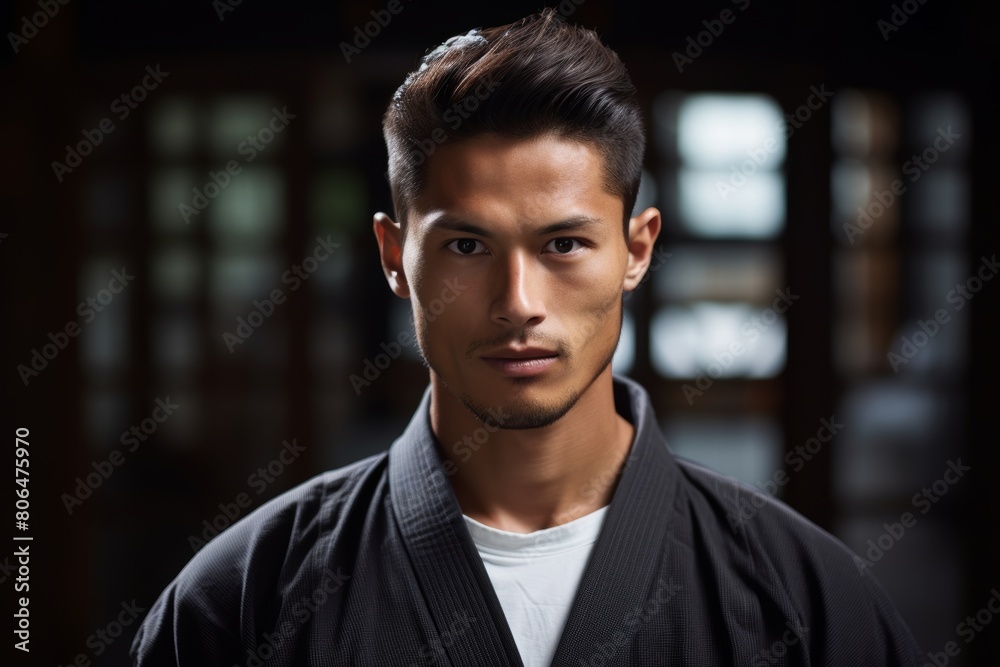 A Focused Martial Artist's Intense Gaze Captured in a Close-Up Portrait with the Serene Ambiance of a Traditional Dojo in the Background A Focused Martial Artist's Intense Gaze Captured in a Close-Up Portrait with the Serene Ambiance of a Traditional Dojo in the Background
