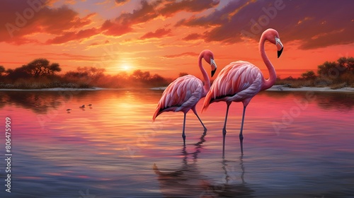 Enchanting flamingos wading in the twilight waters 