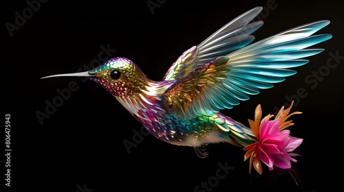 Enchanting hummingbird hovering mid-air, its iridescent feathers and tiny features © Visual Aurora