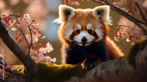 Endearing red panda nestled in the branches photo