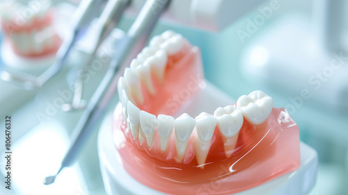 歯の模型と歯科用器具
