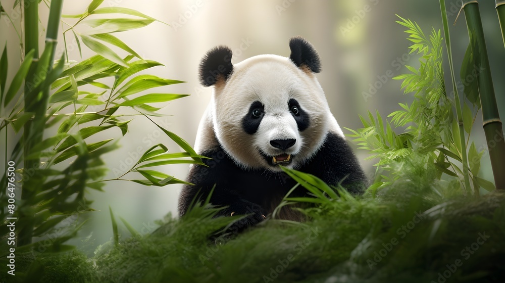 Fototapeta premium Gentle giant panda in a bamboo forest,