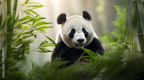Gentle giant panda in a bamboo forest 