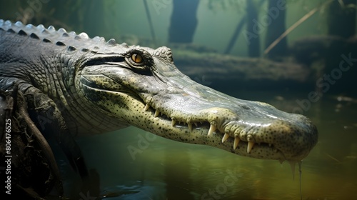 Gharial with distinctive long snout and intricate markings 