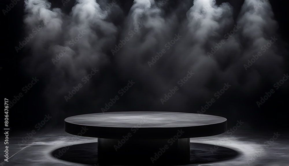 Podium black dark smoke background product platform abstract stage texture fog spotlight. Dark black floor podium dramatic empty night room table concrete wall scene place display studio smoky dust Podium black dark smoke background product platform abstract stage texture fog spotlight. Dark black floor podium dramatic empty night room table concrete wall scene place display studio smoky dust