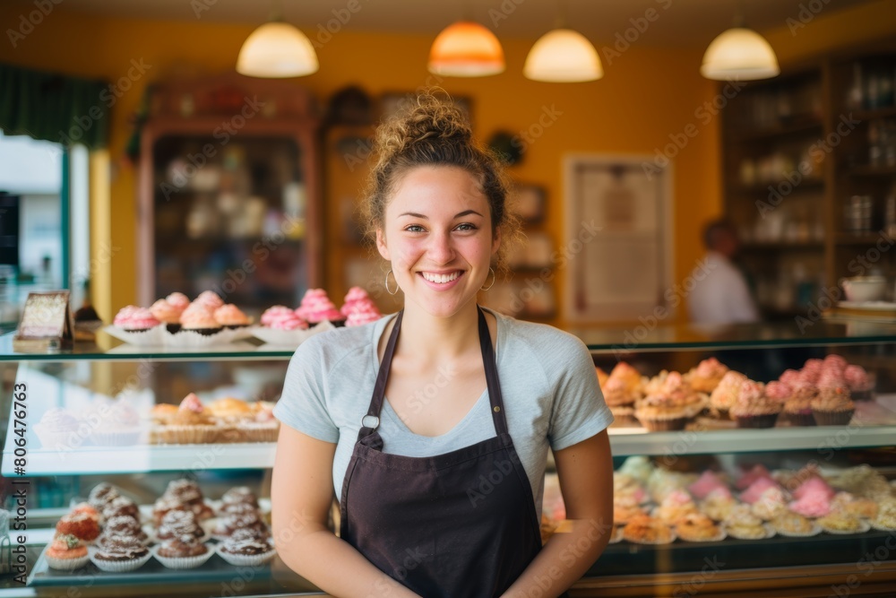 A Smiling Entrepreneur Standing Proudly in Front of Their Quaint and Colorful Pastry Shop, Displaying an Array of Delectable Treats in the Window