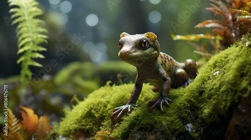 Graceful salamander navigating through a moss-covered rock photo