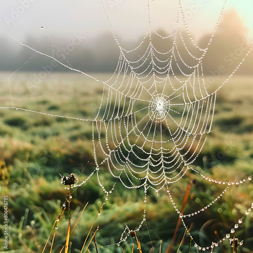 Macro photo of spider web with water drops in field, part of natural landscape