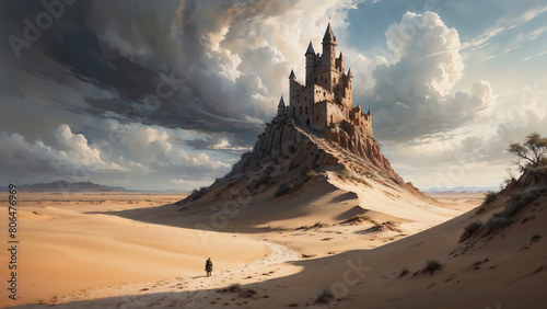 Ancient old castle ruins high above a rocky cliff in a sand dune desert landscape, majestic storm clouds encircle the fortress with a lone adventurer walking towards it. photo