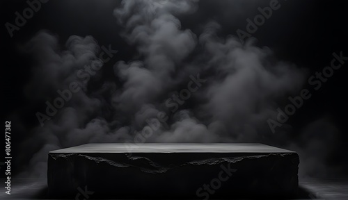  Podium black dark smoke background product platform abstract stage texture fog spotlight. Dark black floor podium dramatic empty night room table concrete wall scene place display studio smoky dust  photo
