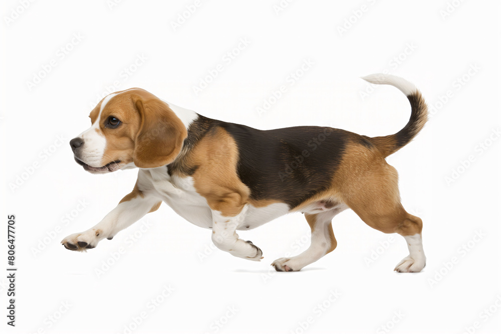 Beagle in motion, walking forward on white, focused and determined, showcasing its classic tri-color coat.
