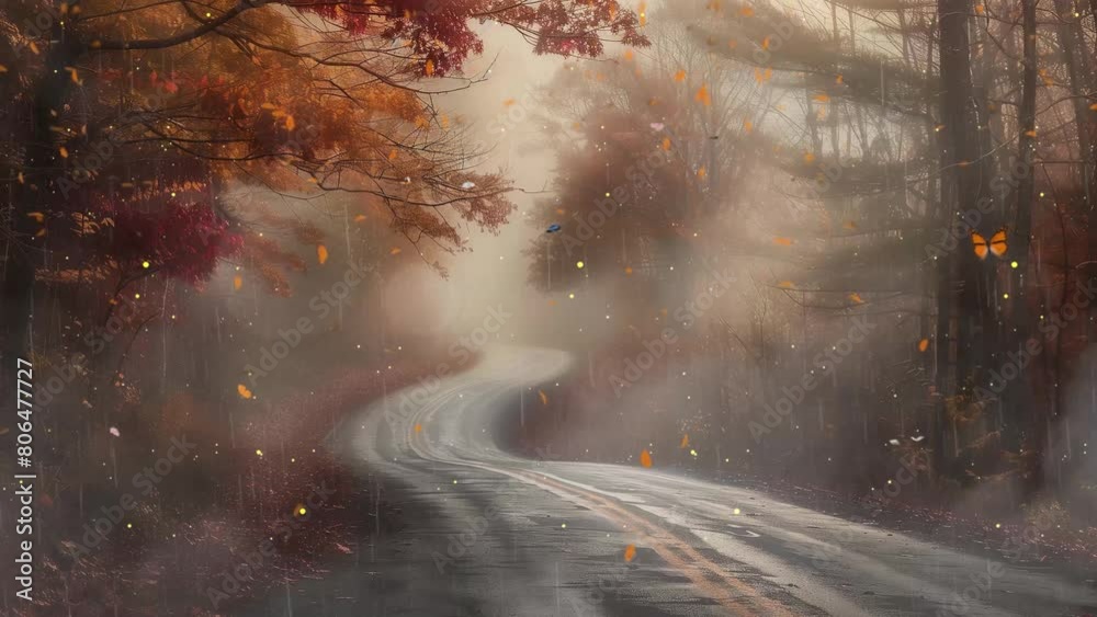misty road with autumn forest view.. seamless looping overlay 4k virtual video animation background