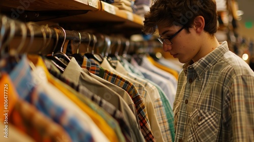 A young man browsing through a rack of ecofriendly shirts made from organic cotton and recycled materials.