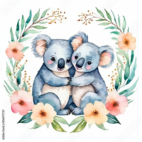 Two Cute Baby Koala Bears with Big Pink Heart  Funny Grey Animal Character Vector Illustration