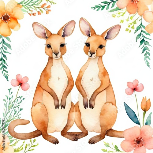 Cute kangaroo couple in love with flowers happy, watercolor illustration © saritwat