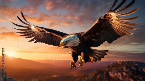 Majestic bald eagle soaring against a vivid sunset, feathers and keen eyes sharply defined.