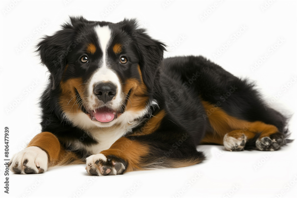 Bernese Mountain Dog lying down, relaxed expression, showcasing tricolor coat against a plain white background.
Bernese Mountain Dog lying down, relaxed expression, showcasing tricolor coat against a plain white background.