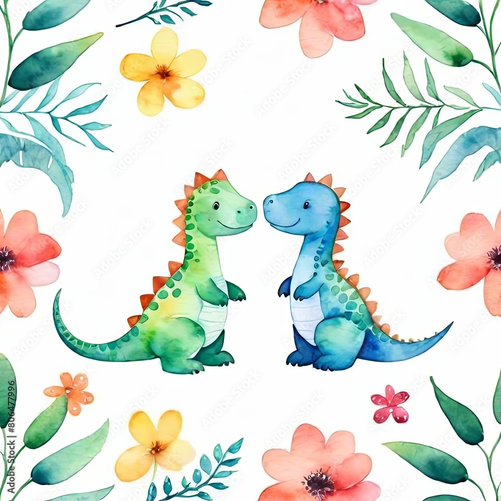 Obraz premium Watercolor painting of a two cute baby love dinosaurs with flowers love on white background.