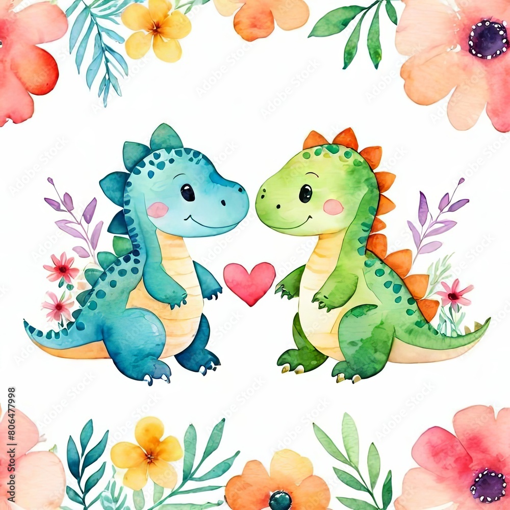 Obraz premium Watercolor painting of a two cute baby love dinosaurs with flowers love on white background.