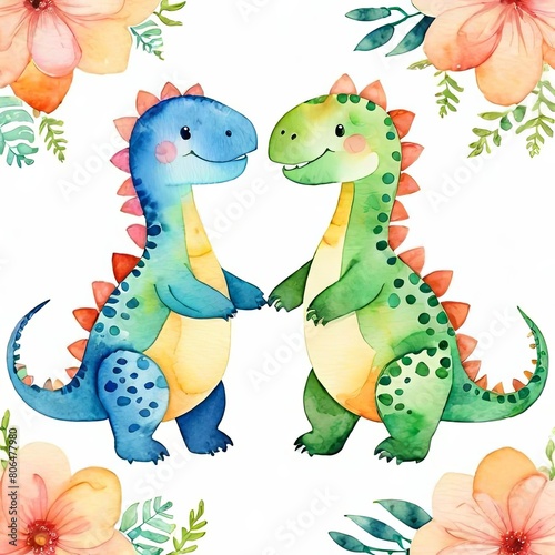 Watercolor painting of a two cute baby love dinosaurs with flowers love on white background.