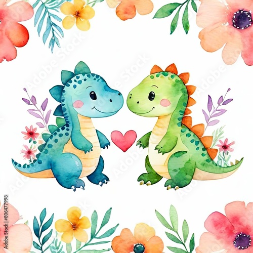Watercolor painting of a two cute baby love dinosaurs with flowers love on white background.