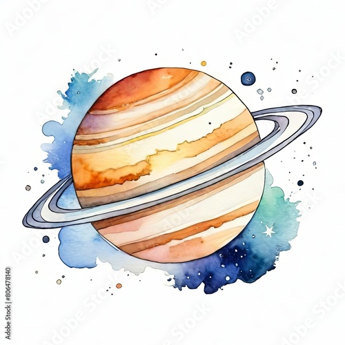 Cute saturn minimalist, watercolor abstract saturn on white background