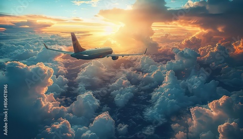 A jet airliner flies high above the clouds at sunset. photo