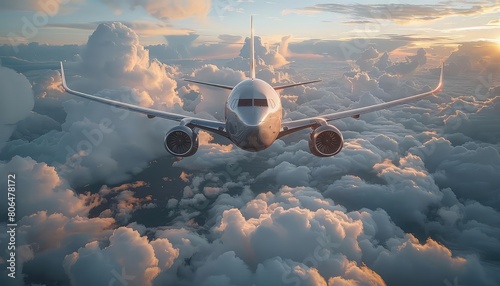 A sleek and sophisticated airplane soars effortlessly through a sea of billowing clouds, its wings glistening in the sunlight. photo