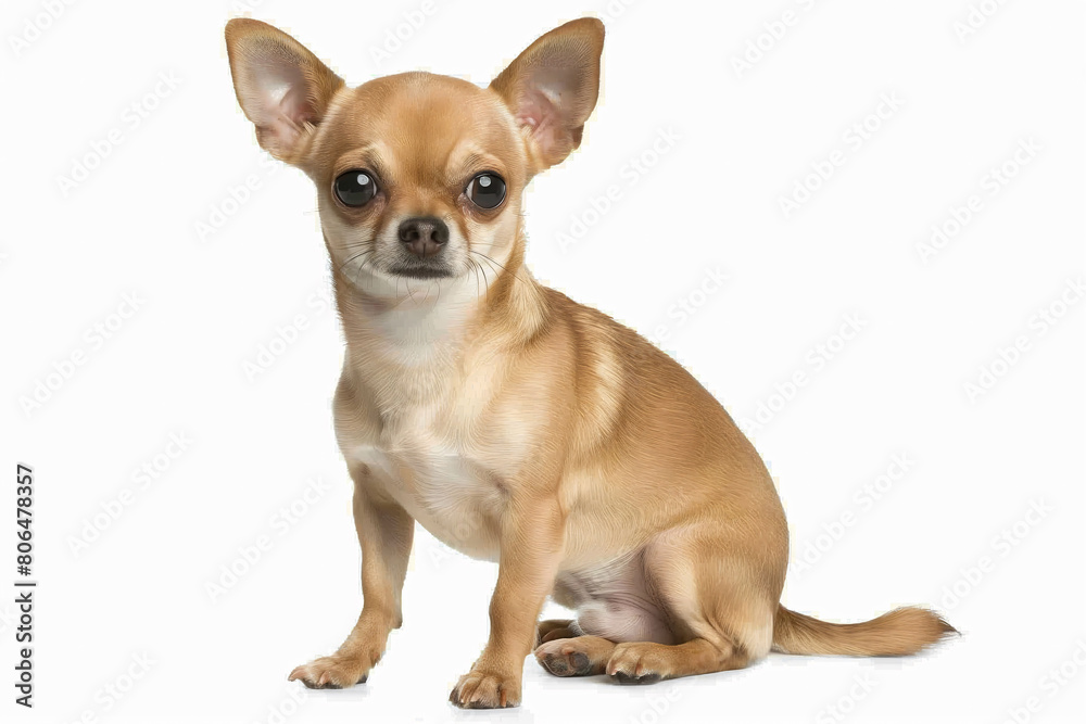 Chihuahua sitting attentively on white, tiny stature highlighted against minimalist background, looking petite and alert.
