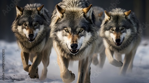 Pack of wolves on the hunt  synchronized in a rapid chase
