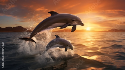 Playful dolphins at sea, the sun setting behind them © Visual Aurora