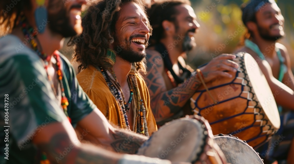 A group of men participating in a drum circle using sound healing techniques.