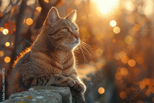 A ginger cat is sitting on a wall in the sunlight