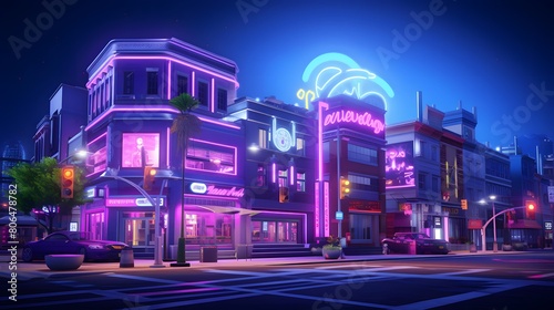 Night view of a city street with neon lights in the foreground.