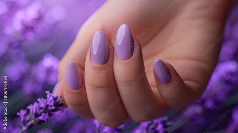 Naklejka premium Female hand in lavender fields. Generative AI