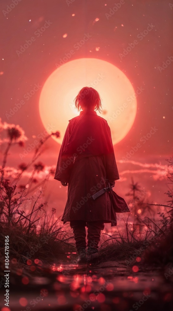 Silhouette of a girl in a red raincoat on the background of the setting sun Silhouette of a girl in a red raincoat on the background of the setting sun