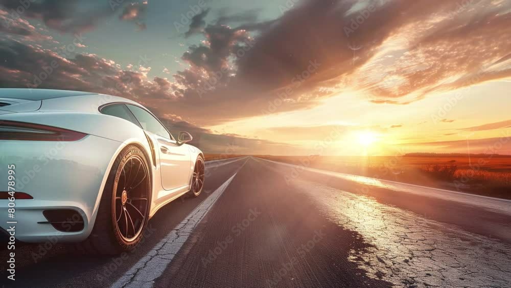 white car is parked on empty countryside asphalt road with beautiful sky view. seamless looping overlay 4k virtual video animation background white car is parked on empty countryside asphalt road with beautiful sky view. seamless looping overlay 4k virtual video animation background