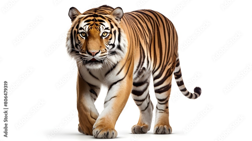 Regal Bengal tiger in a commanding stance, isolated on white,
