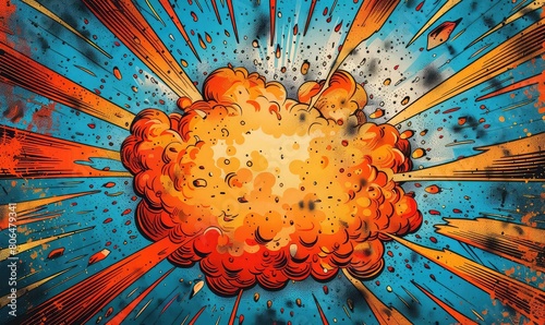 Colorful comic book style explosion with a blue background.