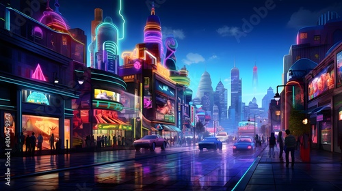 New York City street at night with neon lights. Panoramic view.