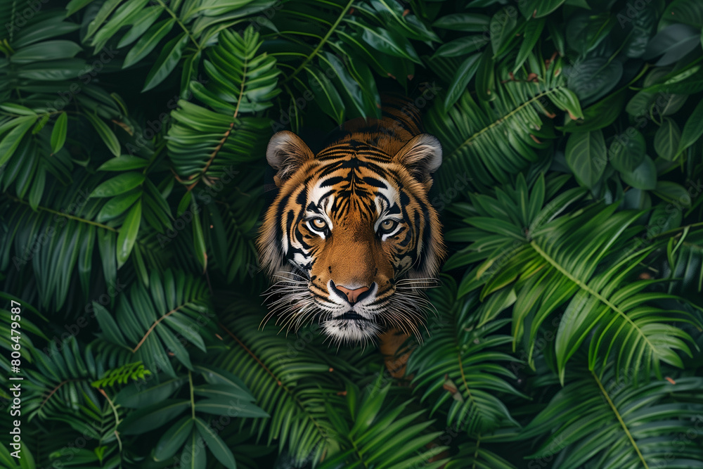 Tiger peering through lush green foliage, vividly highlighted against the dark jungle, embodying stealth and majesty.
Tiger peering through lush green foliage, vividly highlighted against the dark jungle, embodying stealth and majesty.