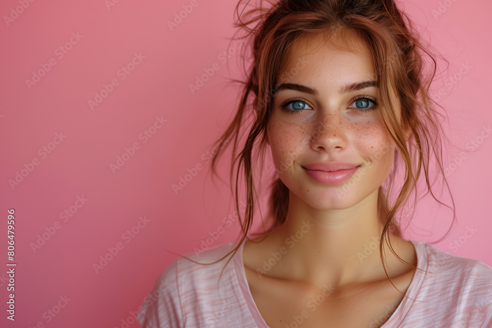 Woman with blue eyes on pink blank background, minimalist portrait with copy space for marketing Woman with blue eyes on pink blank background, minimalist portrait with copy space for marketing