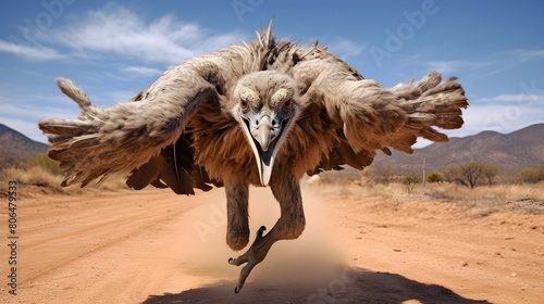 Running ostrich with powerful strides, wings outstretched photo