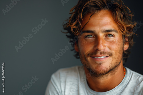 Close-up of handsome man in white shirt against gray blank background, simple portrait for marketing