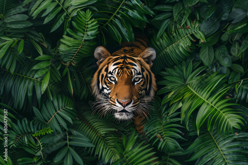 Tiger peering through lush green foliage  vividly highlighted against the dark jungle  embodying stealth and majesty. 